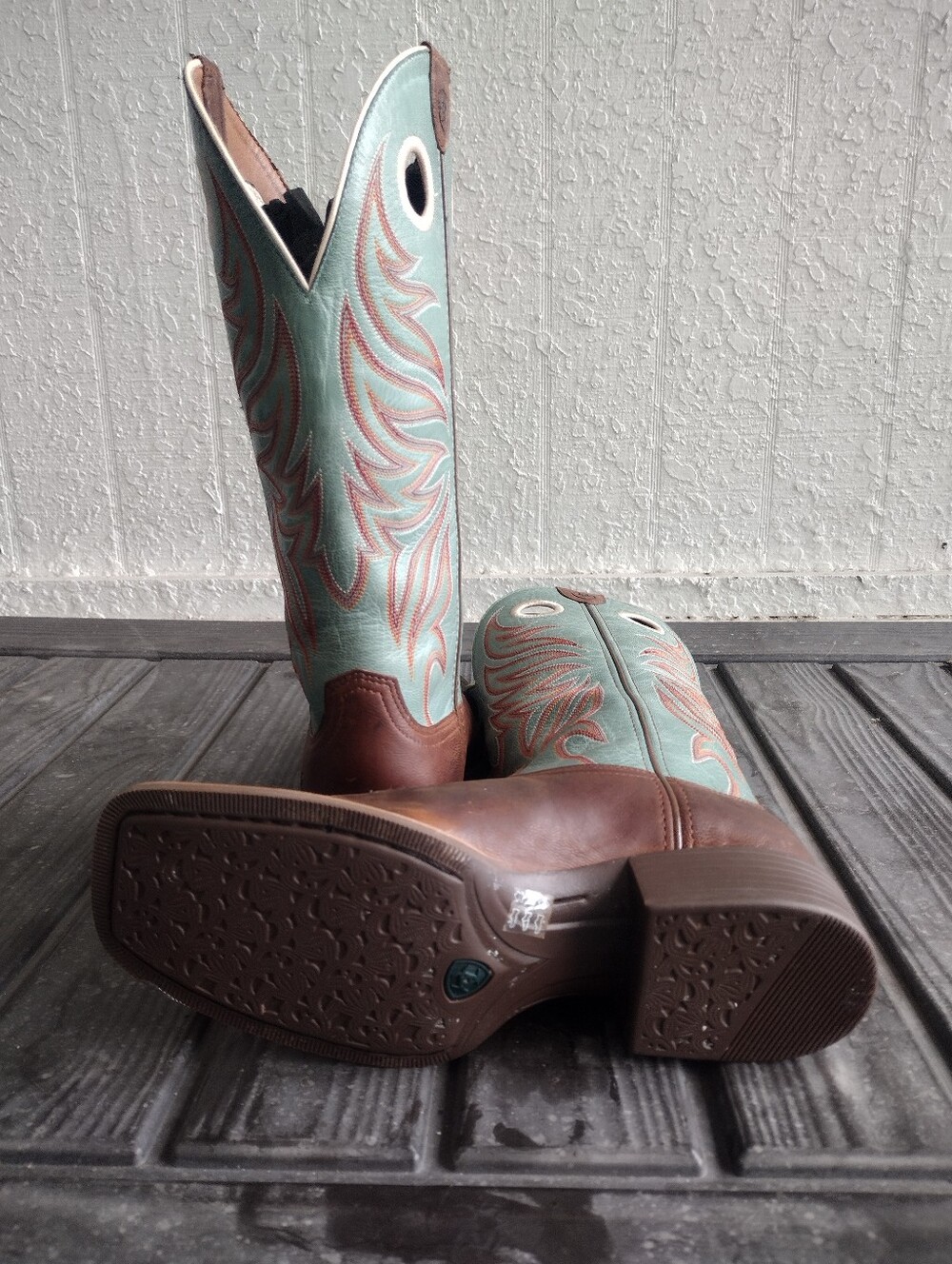 Ariat Round Up Rider Western Cowboy Boots Brown & Teal Leather Embroidered Women - Picture 8 of 9